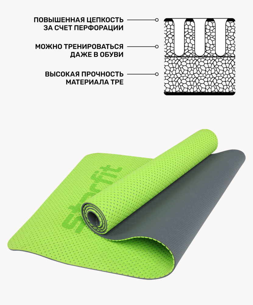 Коврик для фитнеса Starfit FM-202, TPE перфорированный, 173 x 61 x 0,7 см, ярко-зеленый