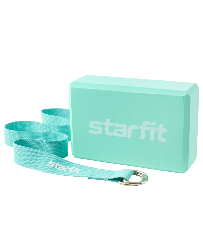 Блок и ремень для йоги, комплект Starfit YB-205, мятный