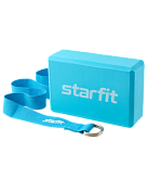 Блок и ремень для йоги, комплект Starfit YB-205, синий пастель
